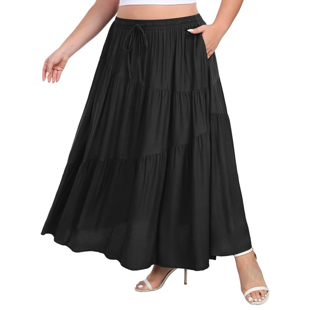 5664 Plus Size Tiered Maxi Skirt Elastic High Waist A Line Flowy Long Maxi